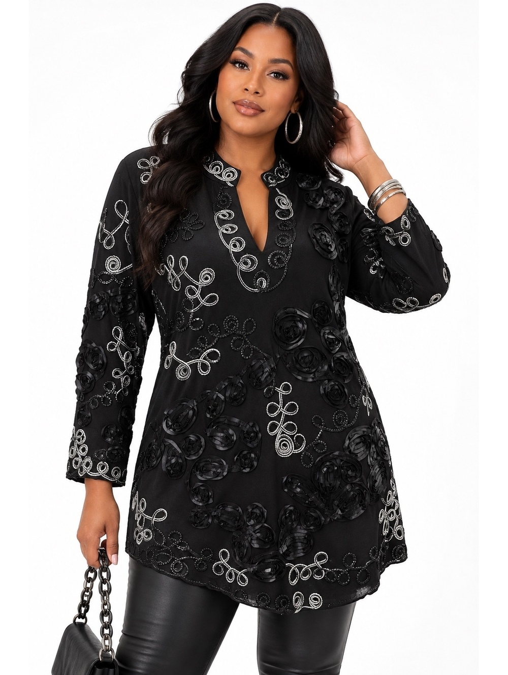 Rosette Applique Black Metallic Silver Embroidered Artsy Boho Tunic Top-XL